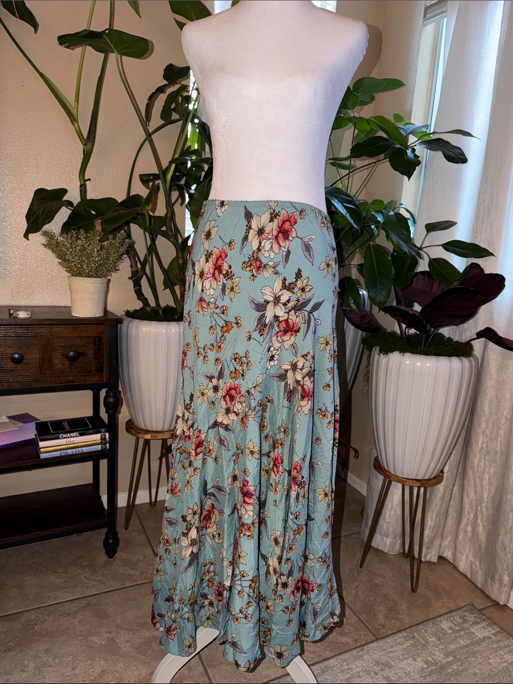 Floral Maxi Skirt in Light Blue with Pink & Cream Blooms